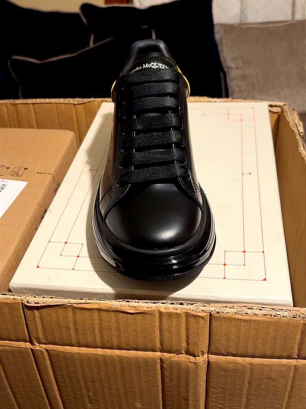 Alexander McQueen Black Leather Sneakers with Yellow Heel Panel - Picture 2 of 7